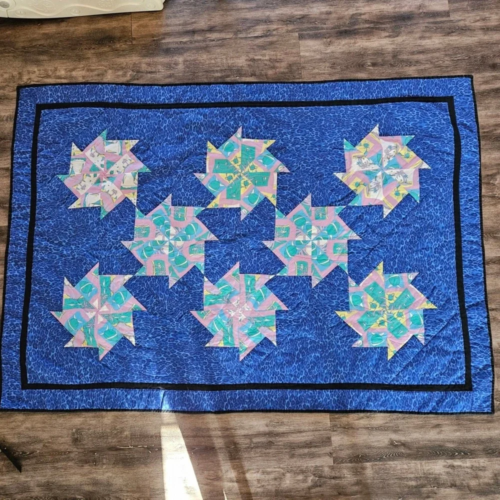 Vintage Handmade Quilt Blue Aquatic Pinwheel Star Throw Blanket 68x48 Fish Ocean